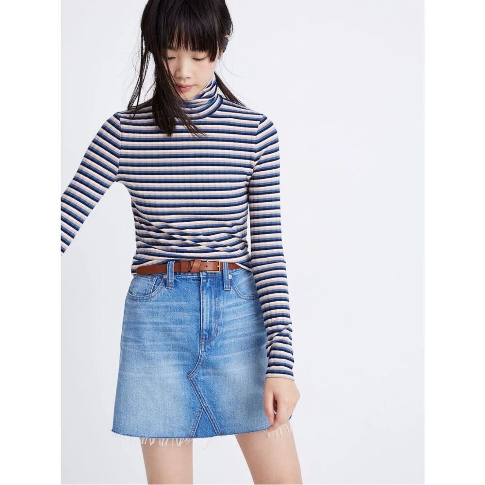 Madewell Ribbed Turtleneck Top Navy Tan Cream Blue Stripes Medium